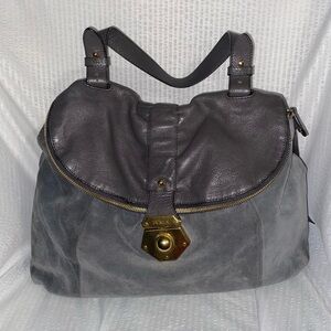 Furla Charcoal Leather & Suede Shoulder Bag with Brass Detail